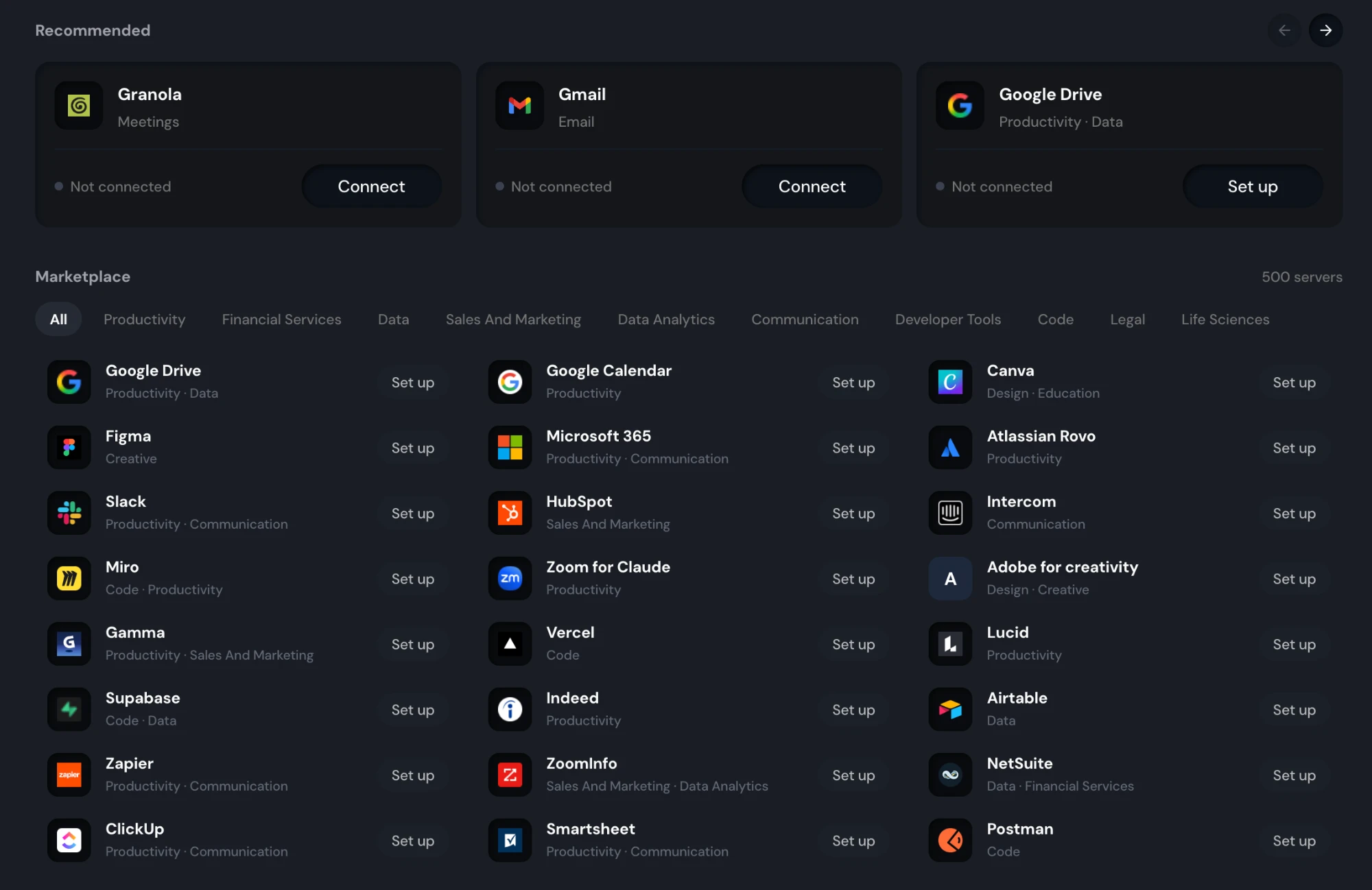 The integrations marketplace in the Supermemory app, showing 500 servers with category filters and apps including Slack, Figma, HubSpot, Airtable, Vercel, and Zapier.