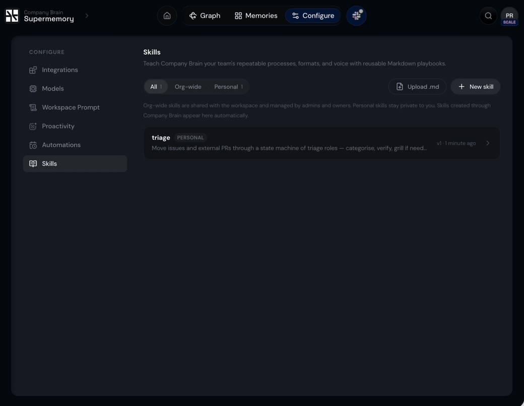 Opening a Company Brain triage skill in Settings and reviewing its Markdown instructions and rendered preview.