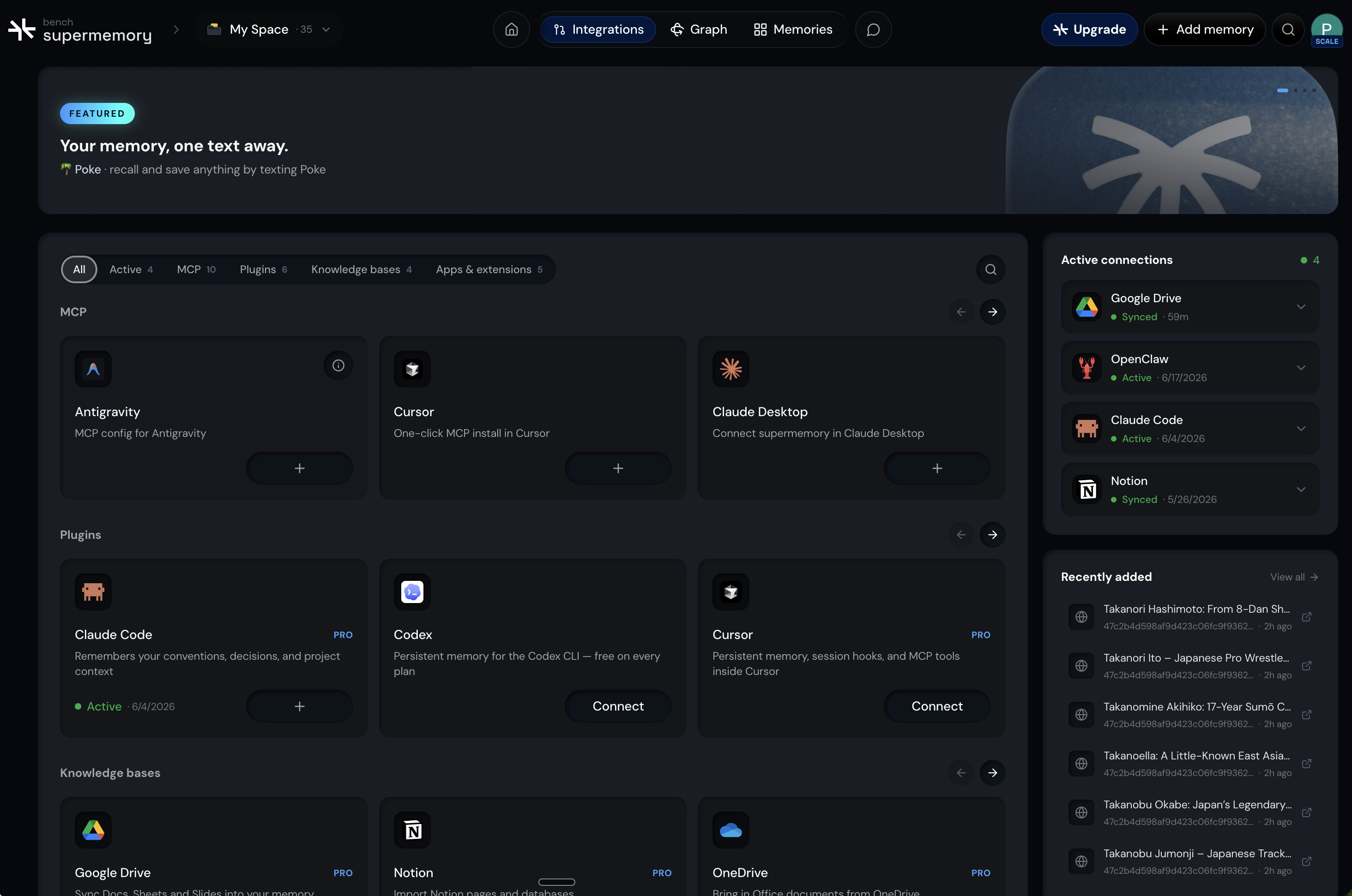 Supermemory integrations page showing apps, plugins, knowledge bases, and active connections.