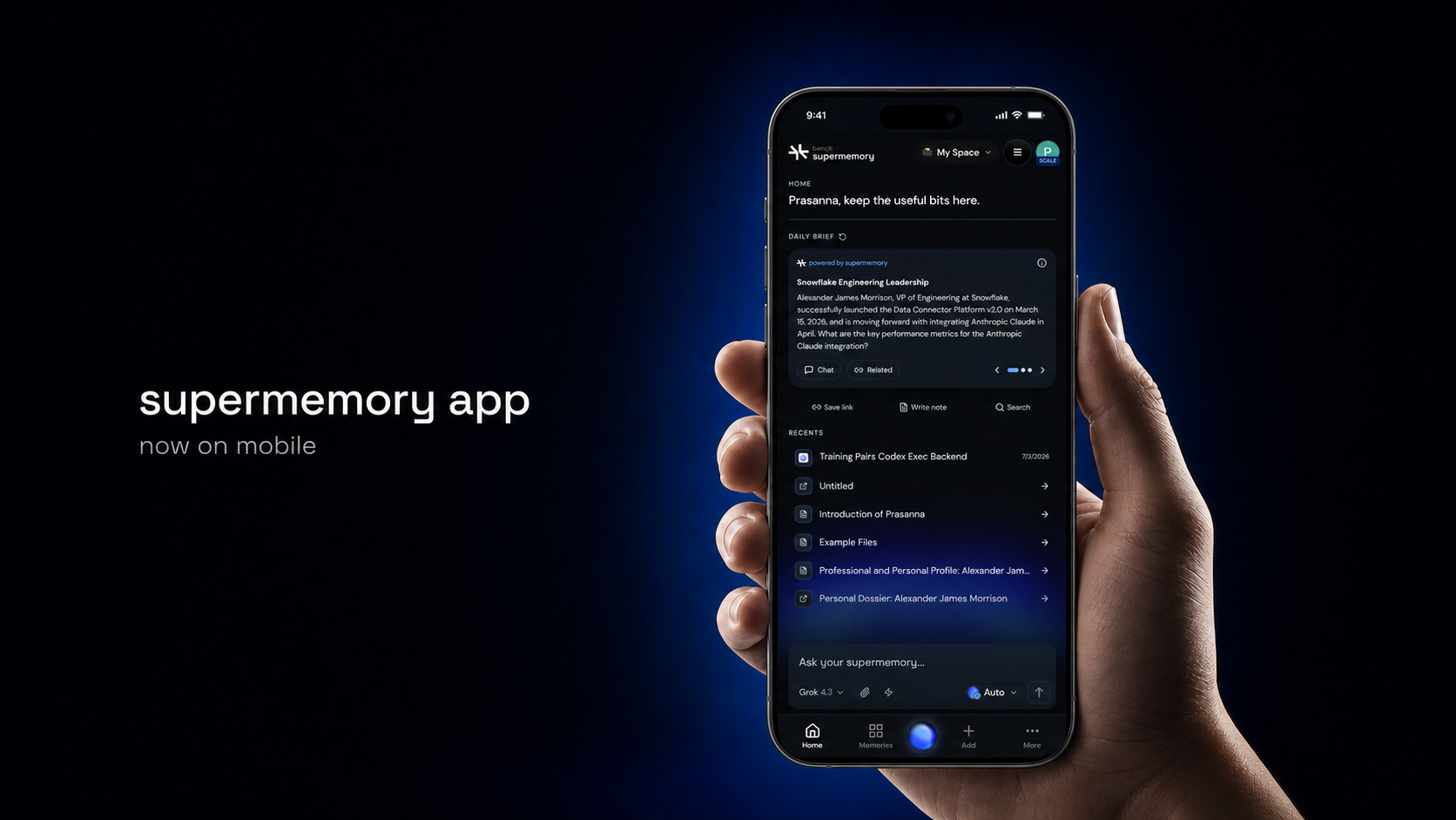 Supermemory mobile app displayed on a phone.