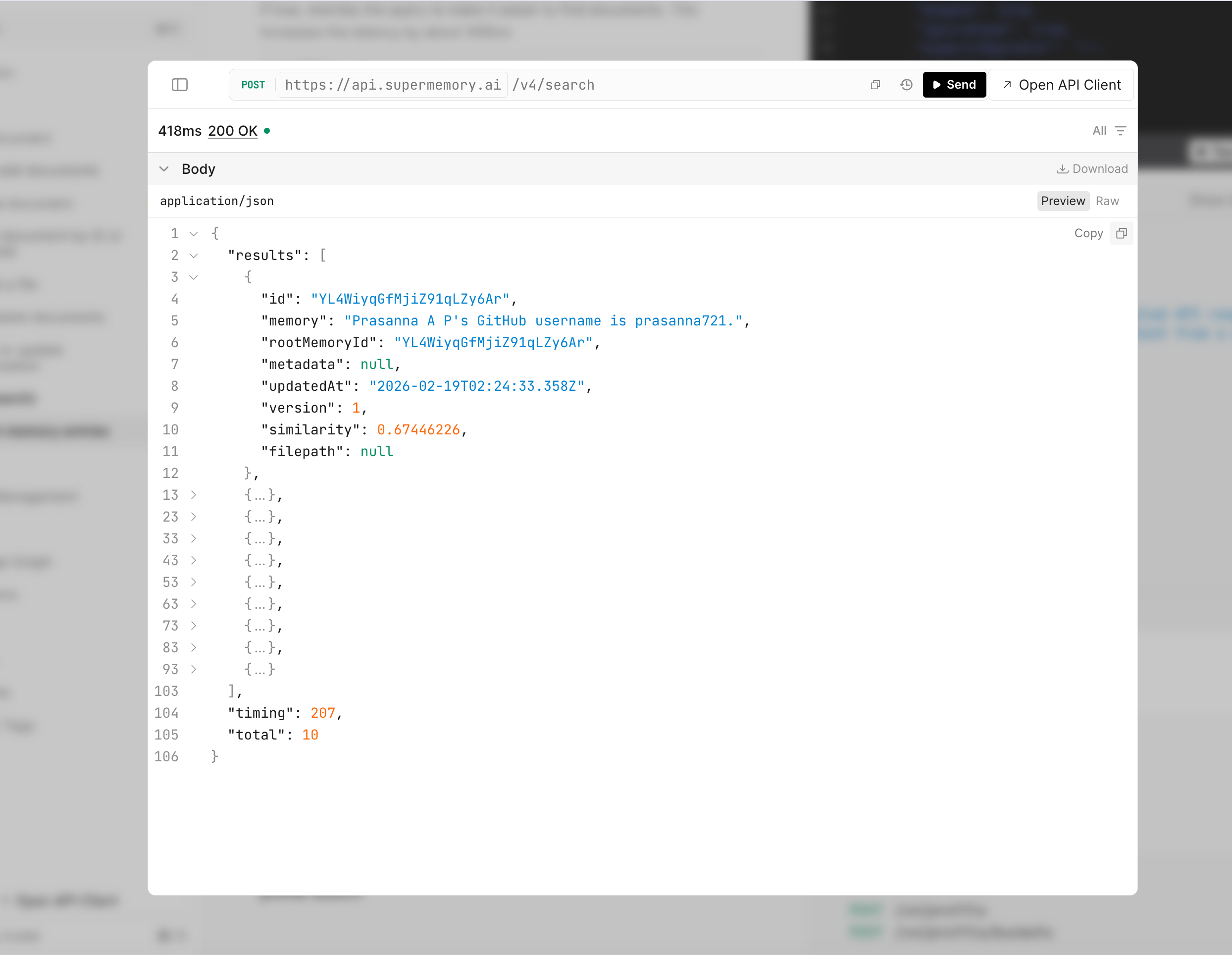 Supermemory API search request returning a successful response in 418 milliseconds.