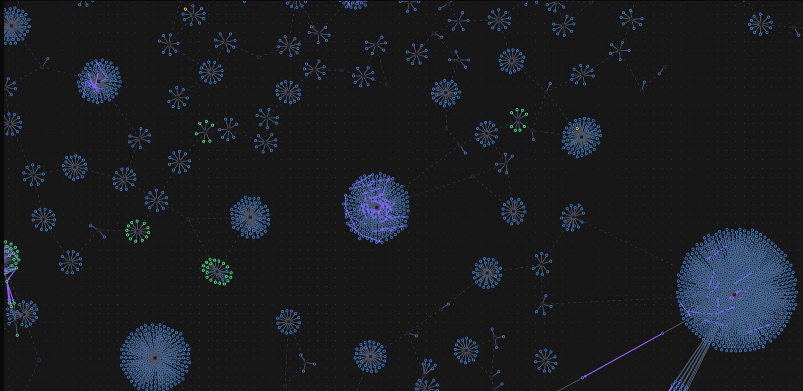 A supermemory memory graph: clusters of linked memories joined by connections across a dark field.